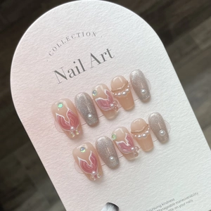 Handmade mermaid style press-on nails set with pearls, pink fish tails and glitter finish