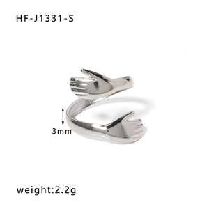 Detailed view of adjustable silver steel hugging arms ring with 3mm width and 2.2g weight