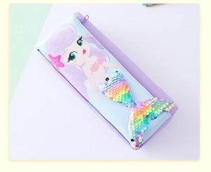 Detail of mermaid pencil case featuring gradient sequins and 3D tail decoration