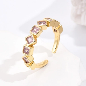 Minimalist gold plated open ring featuring geometric square-cut purple zircon stones
