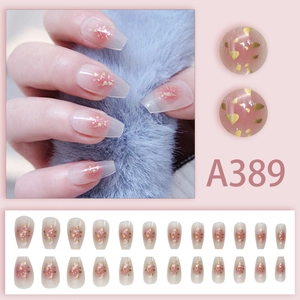 Faux ongles dégradé rose poudré avec paillettes dorées, forme ballerine, 24 pièces