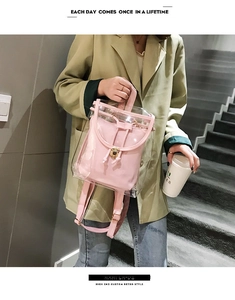 Detailed view of pink clear PVC backpack with gold hardware and interior pouch