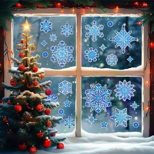 Blue snowflake window stickers set with festive Christmas tree and winter snow background