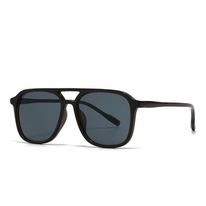 Modern retro square double-bridge sunglasses with dark brown frames and grey lenses