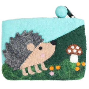 Handmade wool felt elephant and hedgehog coin purse with a mint green zipper design