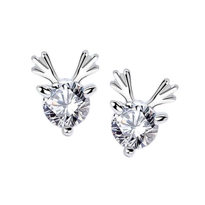Detail view of s925 silver stud earrings with reindeer antlers and round moissanite