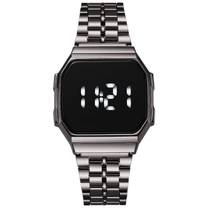 Detailed view of the dark grey metal link strap and LED digital display on the square watch