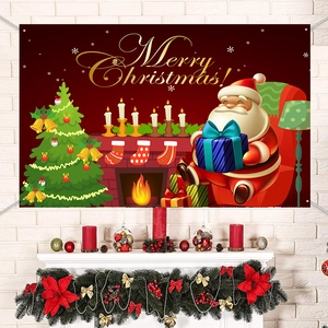 Detail of a festive Merry Christmas banner with Santa Claus sitting by a cozy fireplace