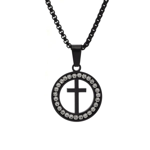 Cross Pendant Necklace Stainless Steel Round Disc Hollow Out Rhinestone Religious Jewelry For Men Women