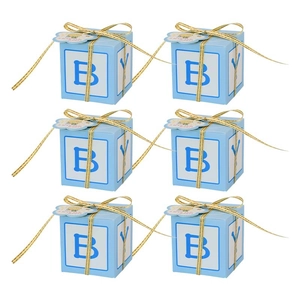 Set of 6 light blue baby shower favor boxes with gold ribbons and BOY lettering