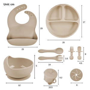 Neutral silicone baby feeding set with suction plate, bowl, bib, and cups for infants