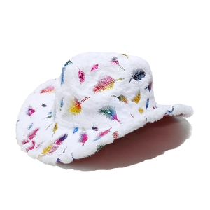 White faux fur bucket hat featuring colorful feather prints and a plush soft texture