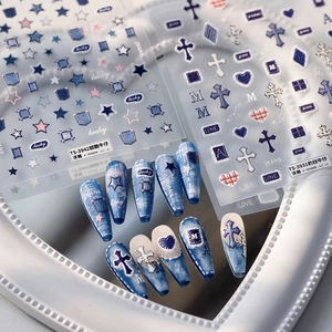 3D Embossed Nail Art Stickers Denim Jean Leopard Print Stars Hearts Crosses Adhesive Decals DIY Manicure Accessories