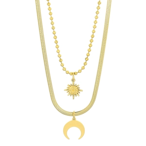 Double layer gold necklace with sun and crescent moon pendants on snake chain