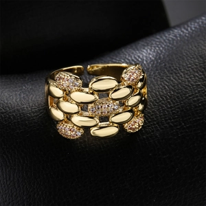 18K gold plated wide open ring with pavé zircons in a geometric link chain design