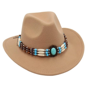 Detail of western fedora hat featuring a turquoise stone and bohemian beaded band