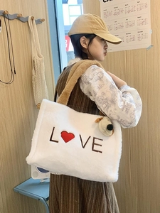 Women Plush Tote Bag Faux Fur Handbag Large Capacity Love Heart Embroidery Shoulder Bag With Puppy Charm For Winter
