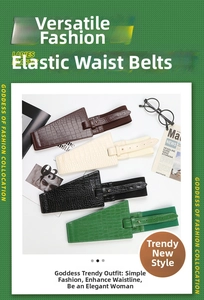 Close-up of four women's 8cm elastic PU leather belts with crocodile texture