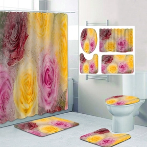 Detail view of 4-piece bathroom set with 3D rose print, shower curtain and non-slip mats
