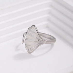 Minimalist stainless steel ginkgo leaf open ring with detailed 3D metallic texture