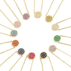 Gold stainless steel birthstone necklaces set with colorful pavé crystals in 12 vibrant colors