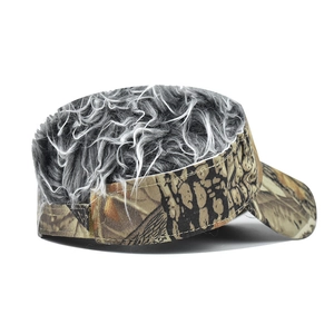 Detail of creative camouflage baseball cap with integrated grey synthetic wig hair
