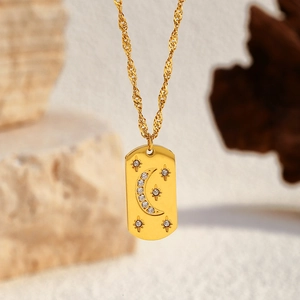 18k gold plated stainless steel necklace with moon and star zircon pendant on rope chain