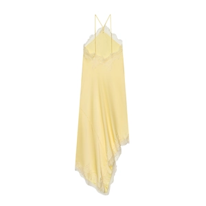 Detailed view of yellow satin halter dress with sheer lace trim and asymmetrical hemline