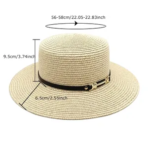 Chapeau de paille à haut plat avec ceinture en cuir et guide des tailles détaillé