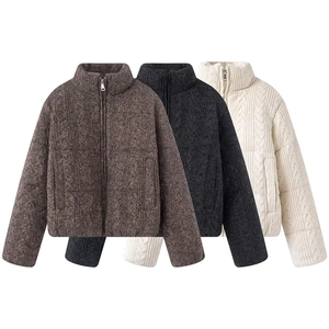 Women Fashion Knitted Texture Padded Jacket Stand Collar Zipper Cable Knit Warm Cotton Coat Casual Streetwear Outerwear
