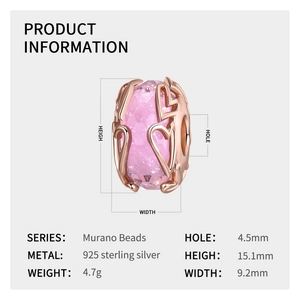 Pink Murano glass bead with rose gold heart pattern in 925 sterling silver for bracelets