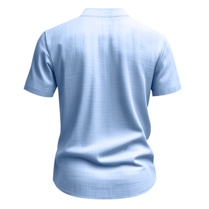 Rear view of a light blue linen texture short sleeve shirt showing fabric detail