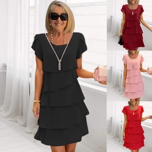 Women Tiered Chiffon Dress Short Sleeve Round Neck Solid Color Elegant Layered Summer Midi Casual Fashion Sun Dress