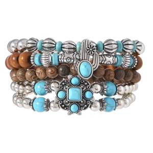 Set di bracciali multistrato stile boho con perline turchesi e ciondolo cactus