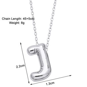 Detailed view of silver balloon initial J necklace with size and weight dimensions