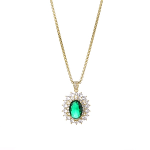 French style gold chain necklace with a green oval gemstone pendant and zircon accents