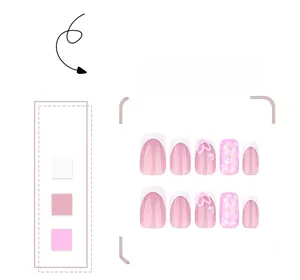 Detail of square press-on nails with pink daisy floral art and heart French tips