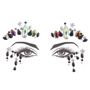 Self-adhesive black and rainbow rhinestone face jewels with star and teardrop gem designs