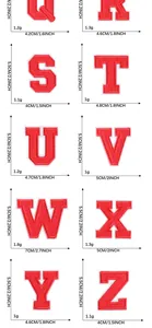 Detailed size chart for embroidered alphabet patches Q to Z with dimensions in cm and inches