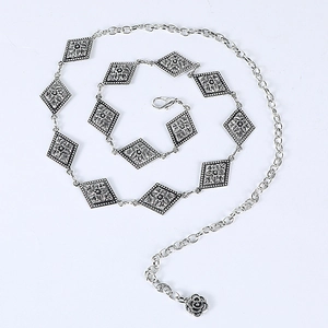 Detailed silver metal waist chain with diamond-shaped links and rose pendant detail