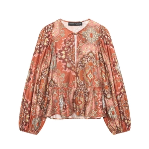 Peplum Top Stampa Paisley Boho Manica Lunga Lanterna Collo Con Fiocco Orlo A Volant Blusa In Tessuto Vintage Donna