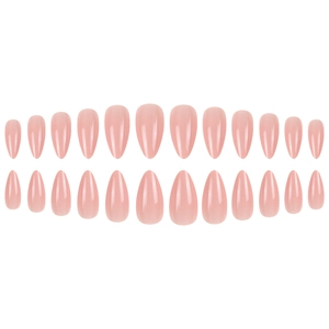 Faux ongles amande rose brillant, kit de 24 pièces de tailles variées sur fond blanc