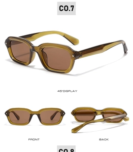 Three-angle view of narrow square sunglasses in olive green with silver rivets