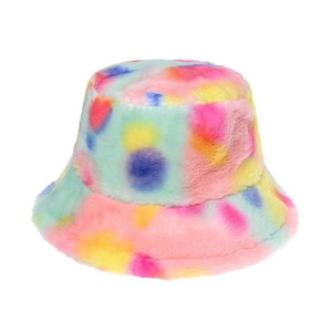 Colorful tie-dye faux rabbit fur bucket hat with soft plush texture for winter style