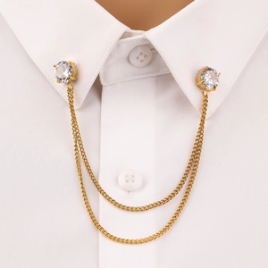Square zircon stainless steel collar pin with double chains on a white shirt collar