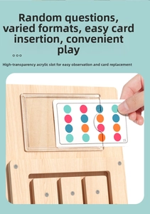 Detail of clear acrylic card slot and wooden logic puzzle with colored pattern cards