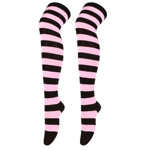 Detail view of pink and black striped over-knee socks with knitted ribbed cuffs