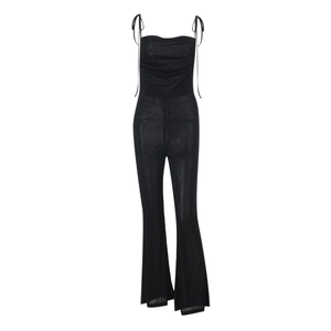 Close-up of black mesh bodysuit with spaghetti straps and ruched bust detail