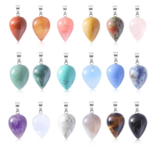 Set of 18 natural crystal teardrop pendants with silver metal clasps on white background