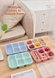 Detailed view of wheat straw lunch box with five compartments and transparent lid